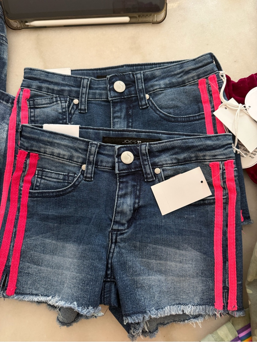 Joe's Jeans Dark Blue Denim Shorts with Neon Pink Side Stripes